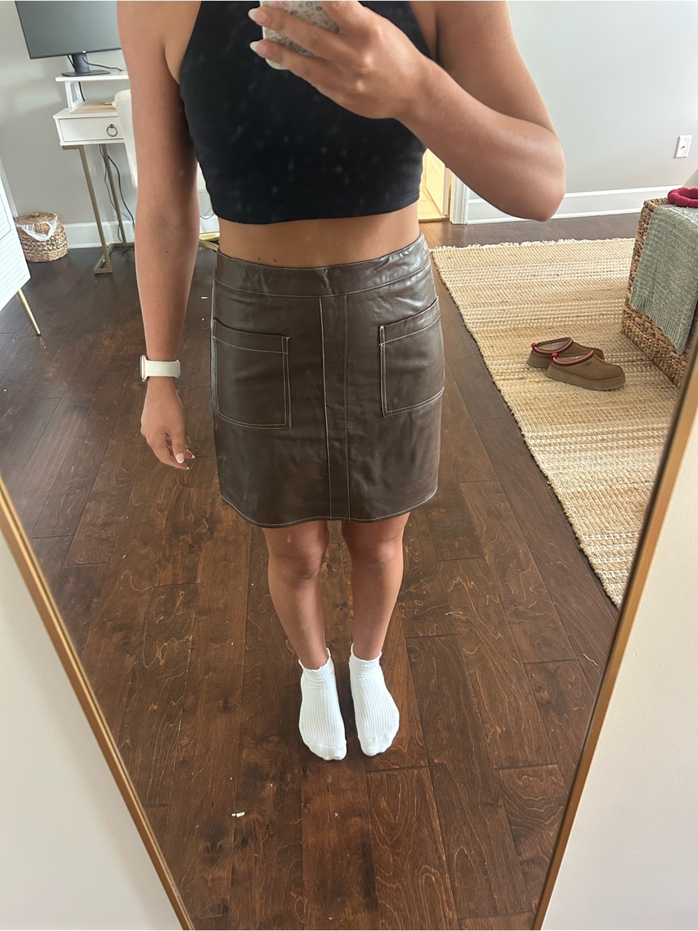 Very J Dark Brown Leather Mini Skirt with Front Patch Pockets